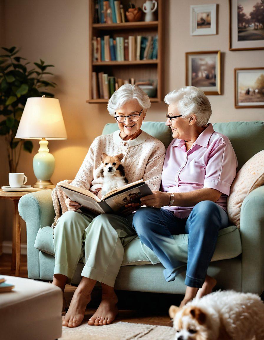 A heartwarming scene of a smiling grandparent reading a story to a child in a cozy living room filled with family photos and memories. Include warm lighting, a comfortable armchair, and a playful pet nearby. The atmosphere should radiate love and connection, emphasizing bonds across generations. pastel colors. soft focus. 3D.