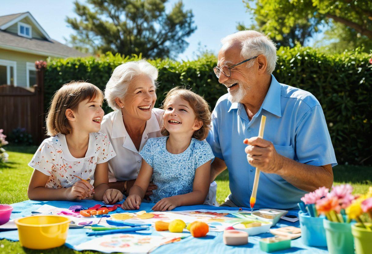 An enchanting scene of a joyful grandfather and grandmother surrounded by their delighted grandchildren in a sunny backyard. The family is engaged in playful activities, with colorful art supplies scattered around as they create crafts together. The background features blossoming flowers and a clear blue sky symbolizing love and happiness. Capturing the warmth and wisdom of family connections, the scene radiates joy and togetherness. vibrant colors. super-realistic.